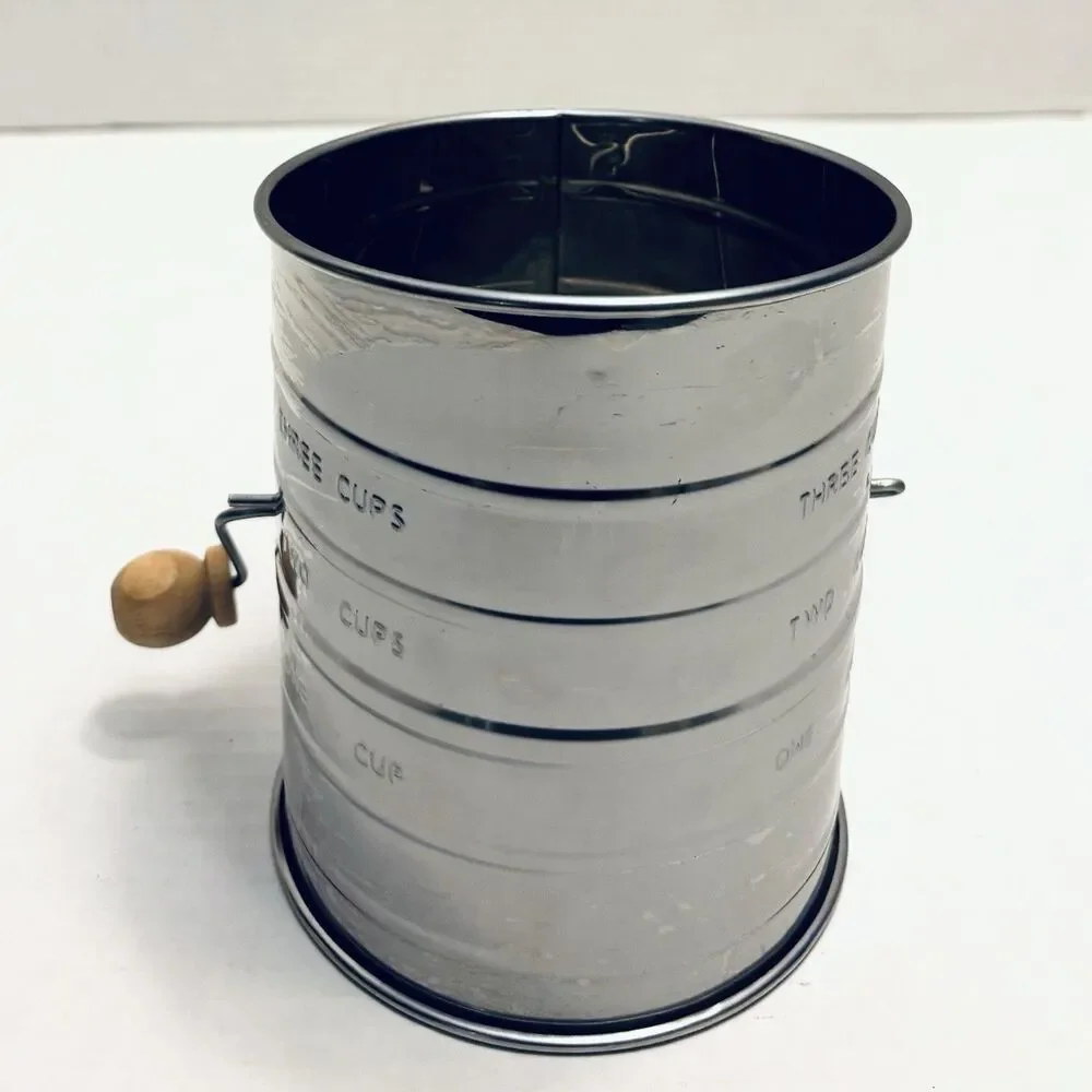 Vintage 3 Cup Hand Crank Flour Sifter Metal Wooden Knob Farmhouse Unbranded